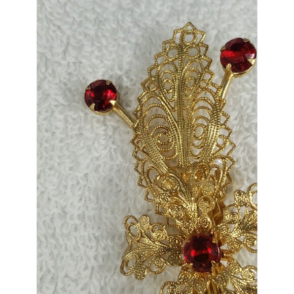 Vintage Gold Filigree Flower Pin Brooch Red Faux Ruby Stones Beautiful 3.5" - Picture 7 of 14